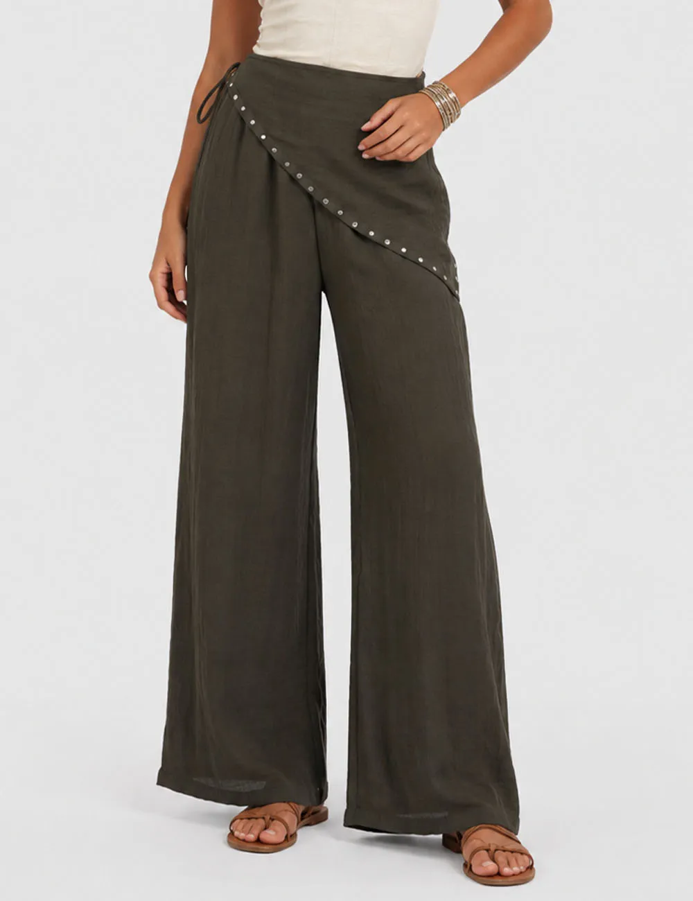 Detachable Studded Wrap Belt Wide Leg Pants