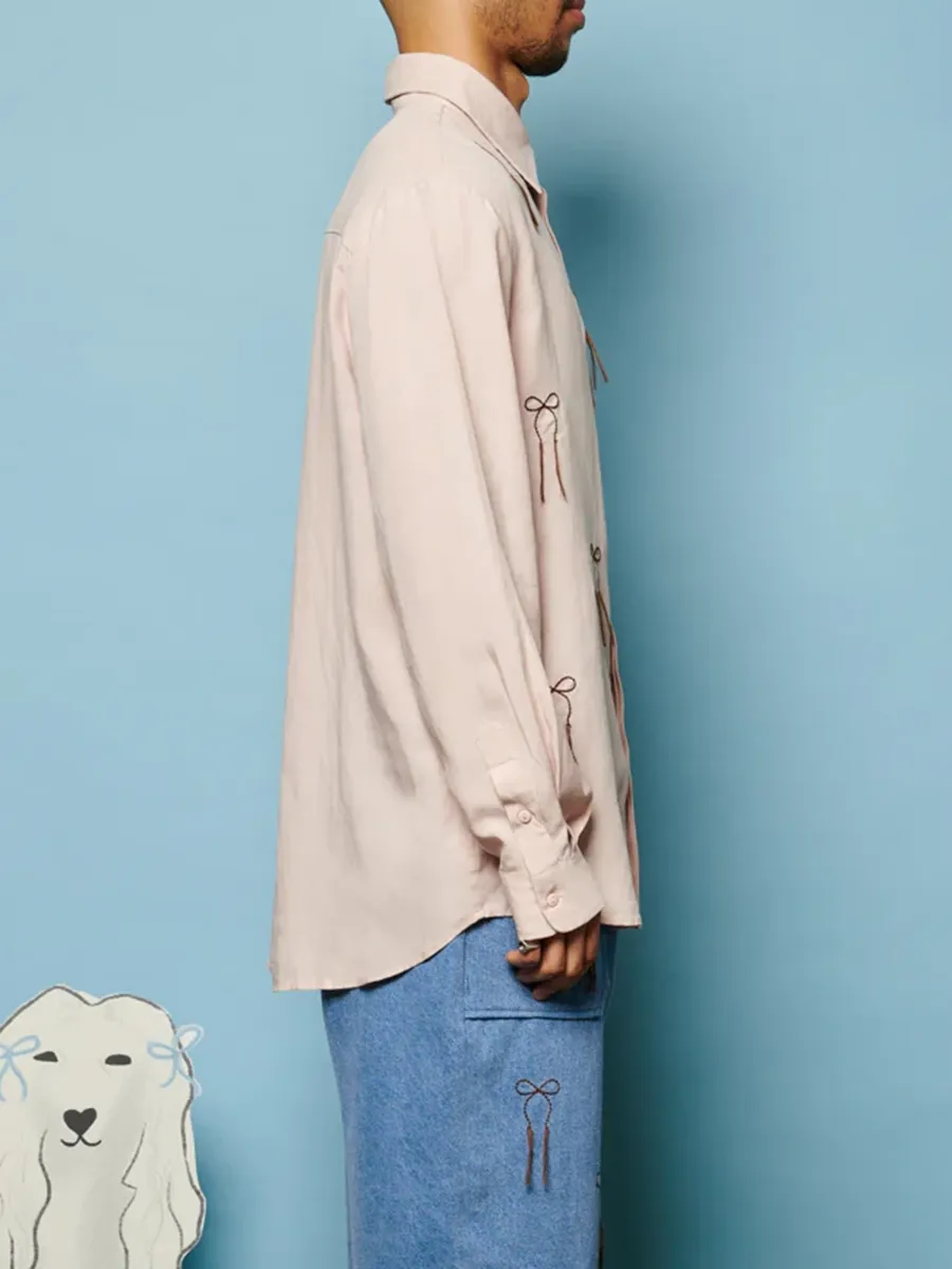Casual Style Embroidered Bow Shirt