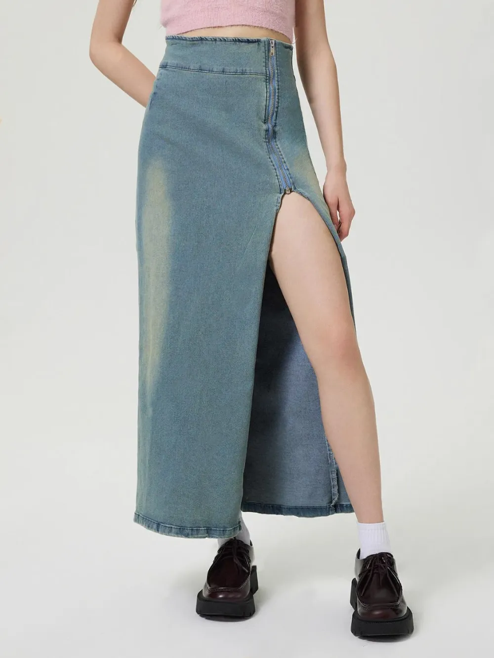 Loose Denim Cotton Blend Detail Skirt