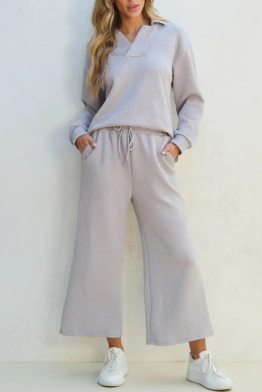 Textured Long Sleeve Top And Drawstring Pants Set