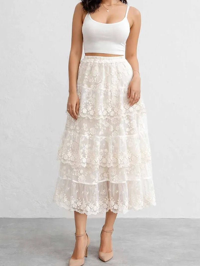 Boho Lace Tiered Ruffle Elastic Waist Maxi Skirt