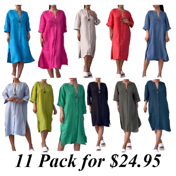 11PACK-Solid Color Buttoned Cotton And Linen Loose Dress