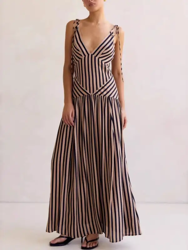 Comfort Fit Striped V Neck Maxi Dress