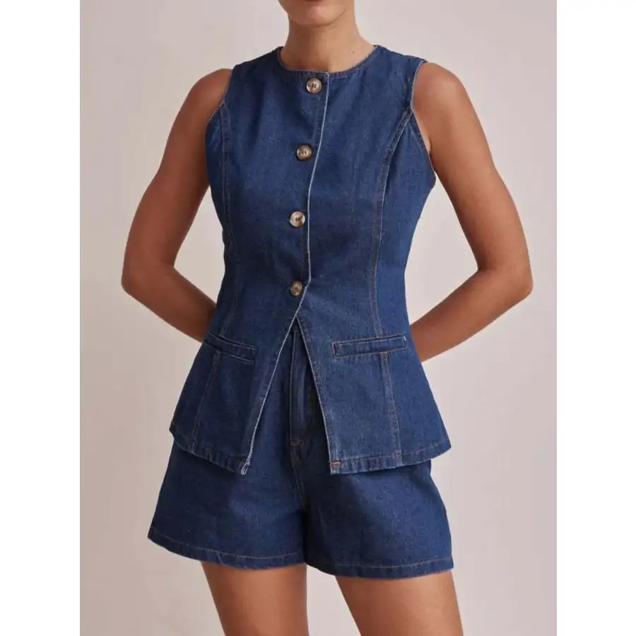 Relaxed Button Down Vest and Shorts Denim Set