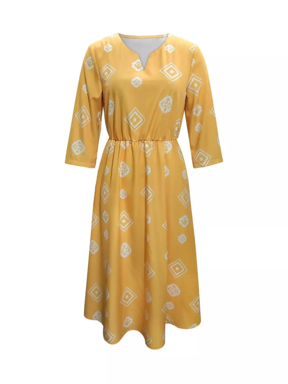 Notched Three Quarter Sleeve Midi Dress