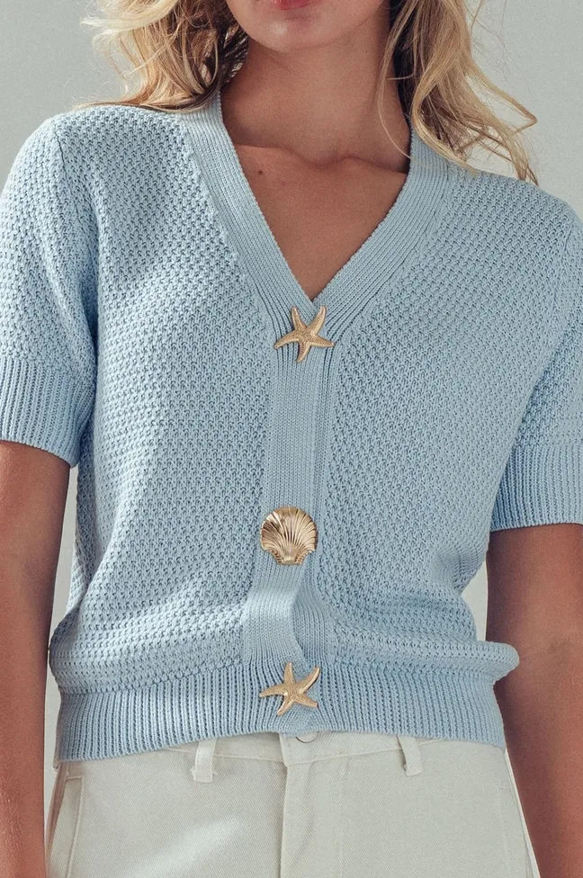 Light Blue Coastal Starfish Button Short Sleeve Cardigan