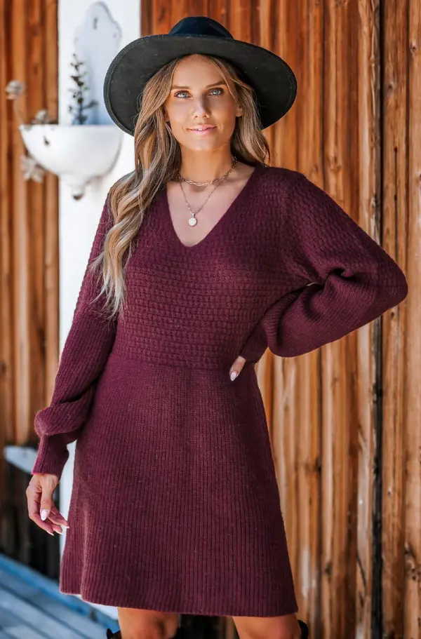 Women's Casual Sweater Dress for Christmas VNeck Honeycomb Long Sleeve Textured Knit Pullover Dresses Womenswear Fall Dress Early Autumn