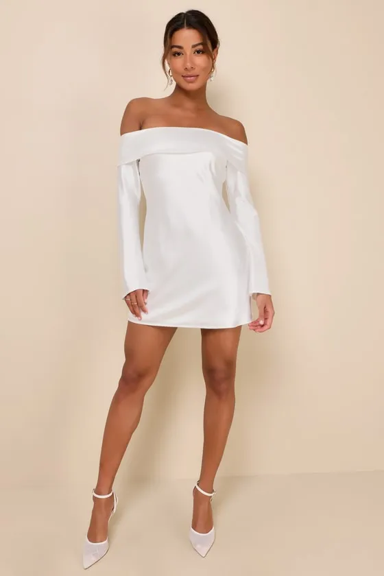 Luxurious Vision Light Yellow Satin Off-the-Shoulder Mini Dress