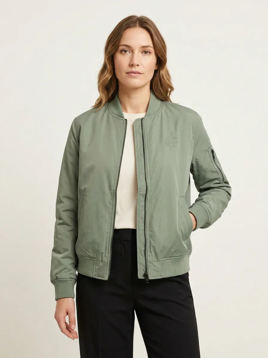 Women's Olive Leaf Embroidered Bomber Jacket