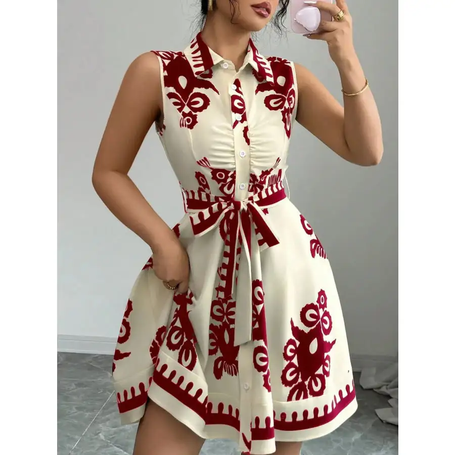 Printed Sleeveless Tie Waist Mini Dress