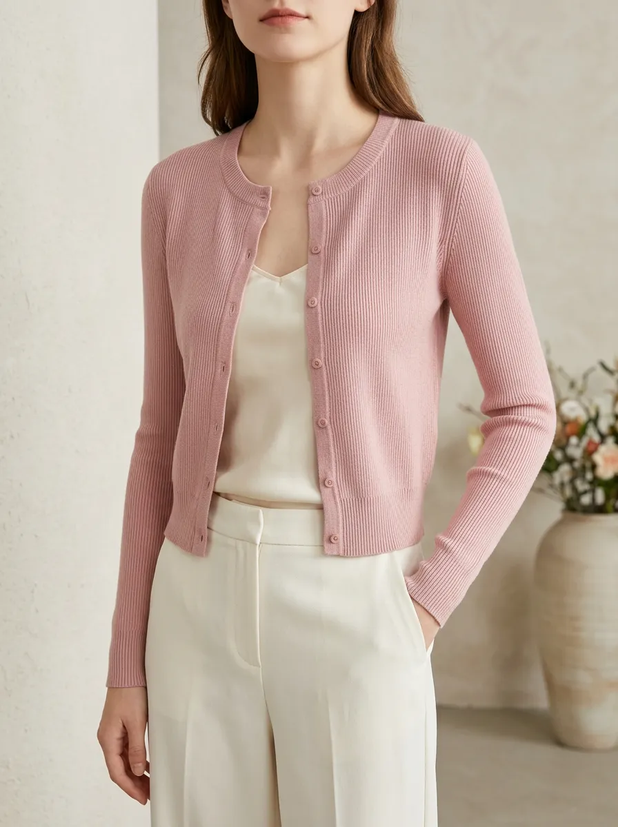 Women's Casual Minimalist Pink Ribbed Button-Down Cardigan Top
