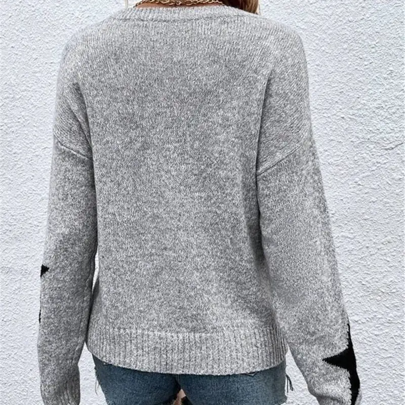 Women's Knit Star-Motif Round-Neck Relaxed Sweater
