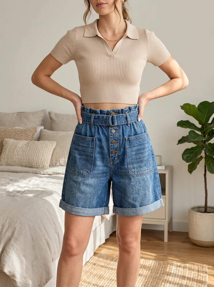 Women's High-Waisted Paperbag Button-Front Denim Shorts