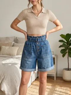 Women's High-Waisted Paperbag Button-Front Denim Shorts