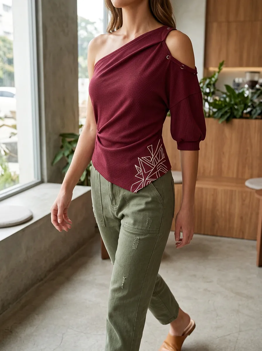 Women's Geometric Pattern Printed One-Shoulder Top