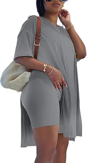 Women Plus Size 2 Piece Outfits Short Sleeve Tunic Tops And Skinny Biker Shorts Sets Tracksuits Womenswear Bodycon Split Hem Lounge
