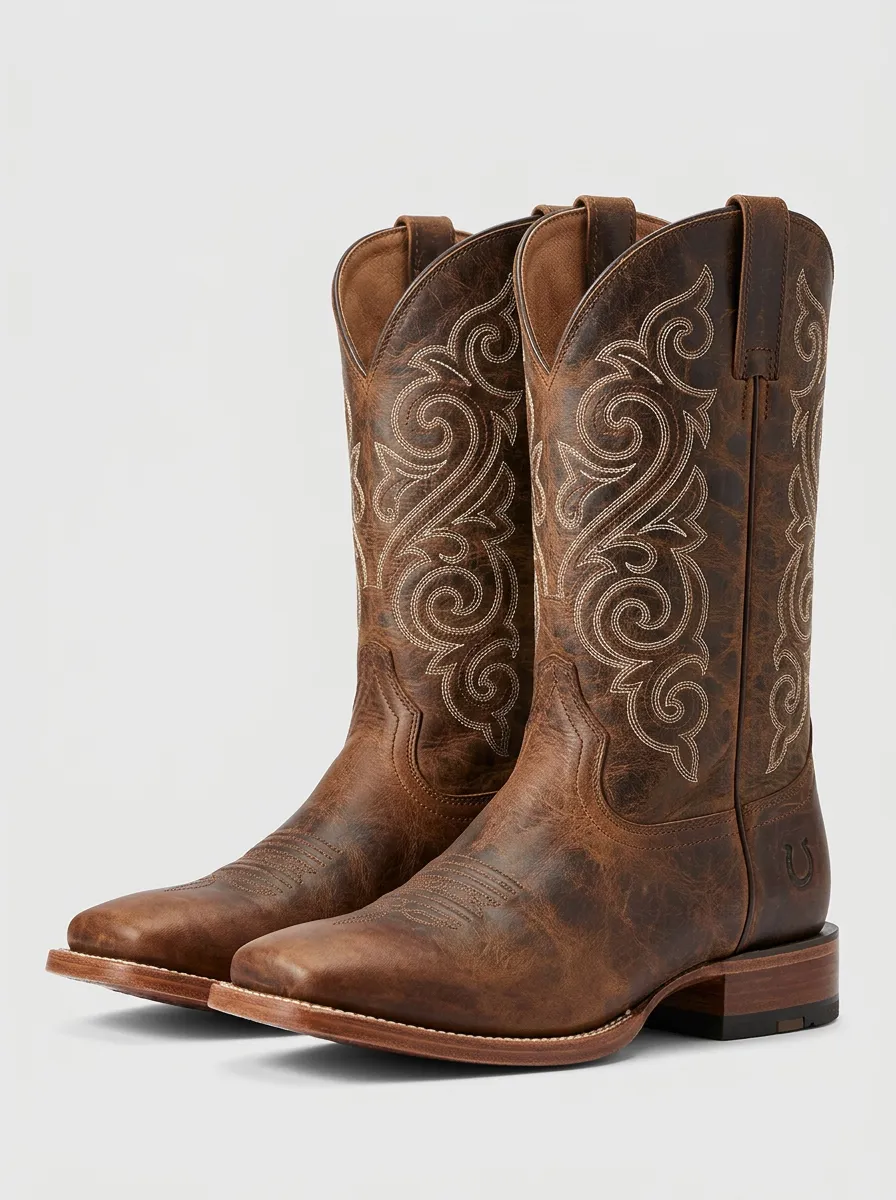 Men's Western Brown Distressed Leather Embroidered Cowboy Boots