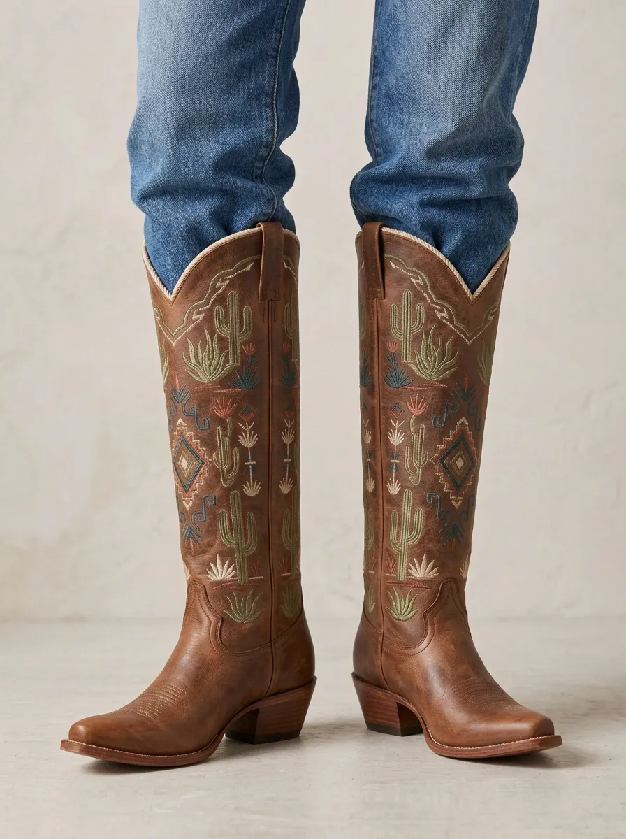 Women's Western Cactus Geometric Embroidered Piped Pointed-Toe Denim Over-the-Knee Boots