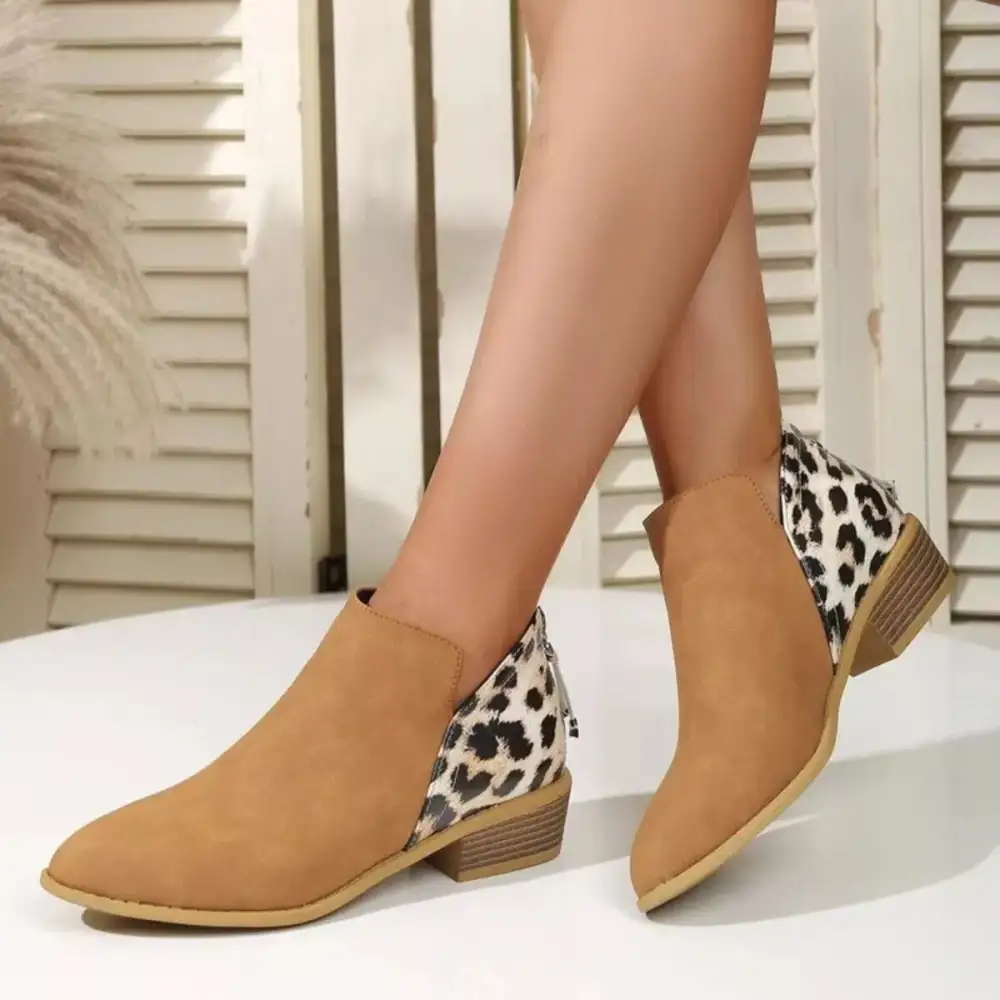 Leopard Point Toe Block Heels Boots