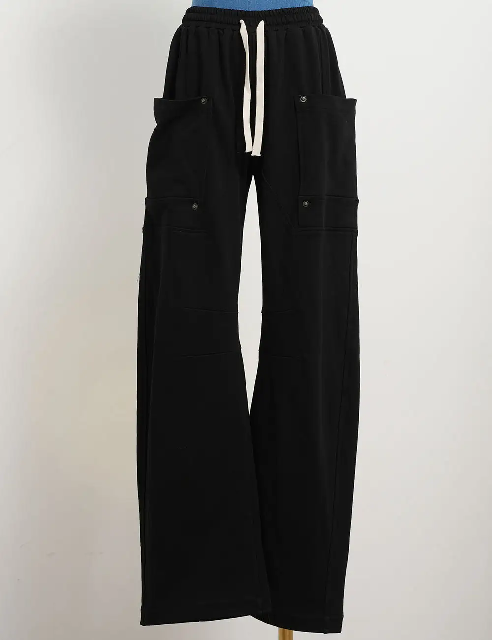 Elastic Waist Drawstring Pocket Straight Leg Denim Pants