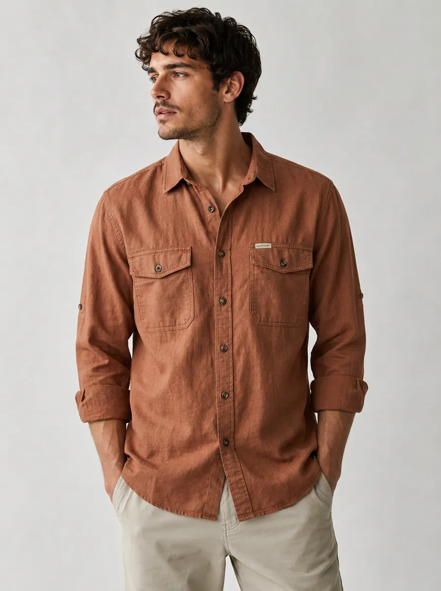 Men's Casual Breathable Solid Brown Linen Long Sleeve Shirt