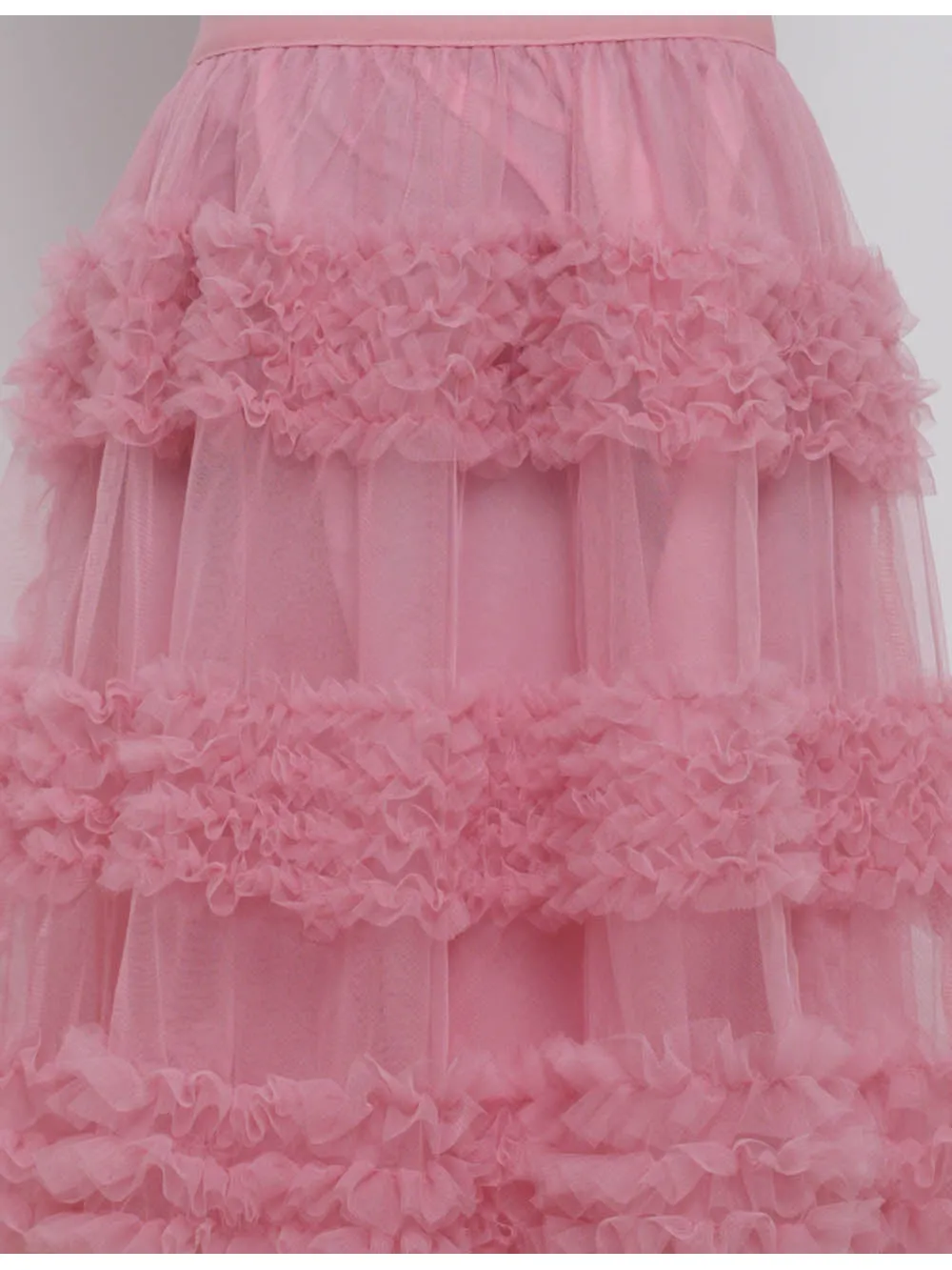 Layered Ruffle Sheer Mesh Elastic Waist Maxi Skirt