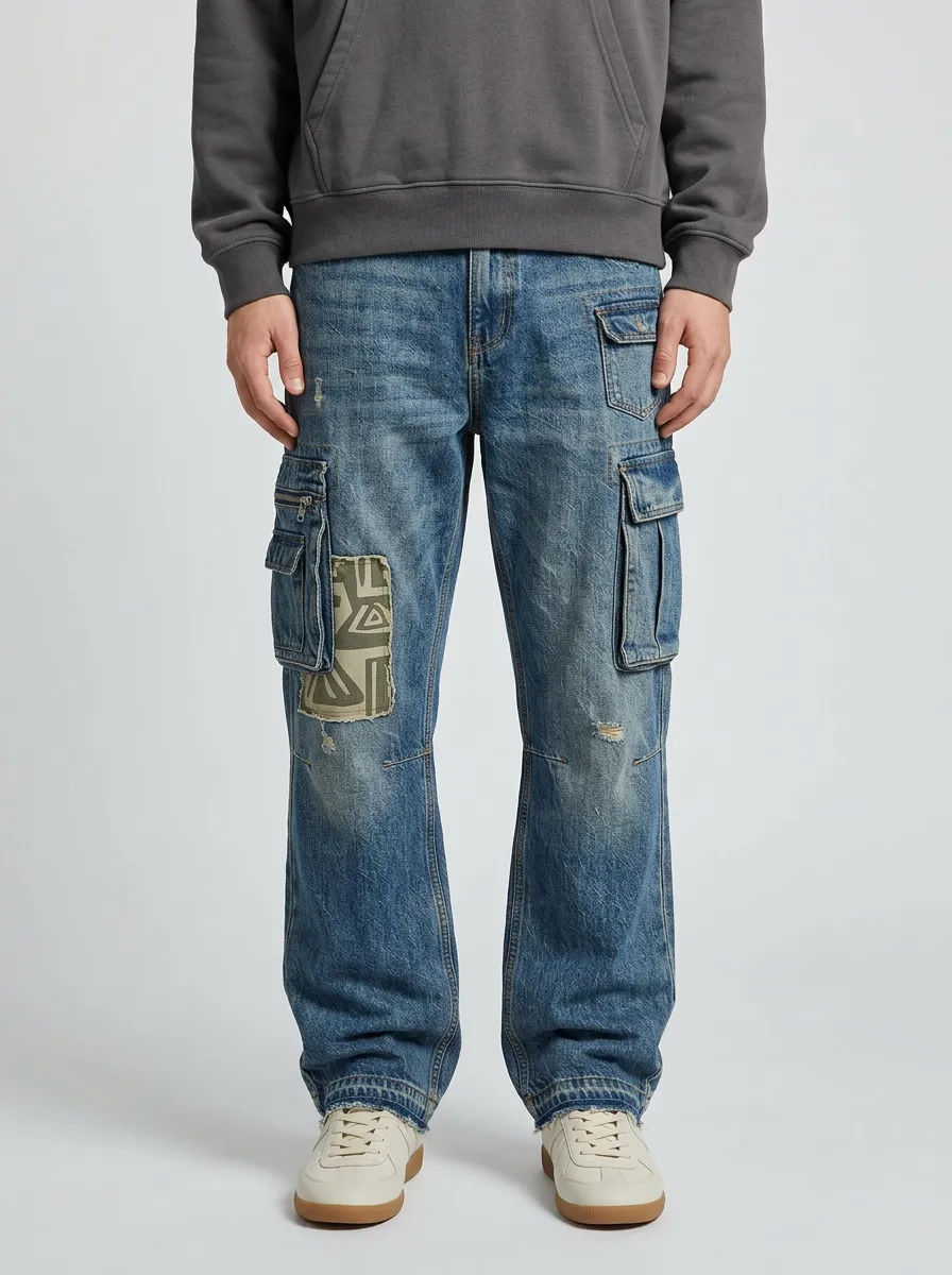 Men's Streetwear Geometric Patchwork Distressed Printed Cargo Jeans