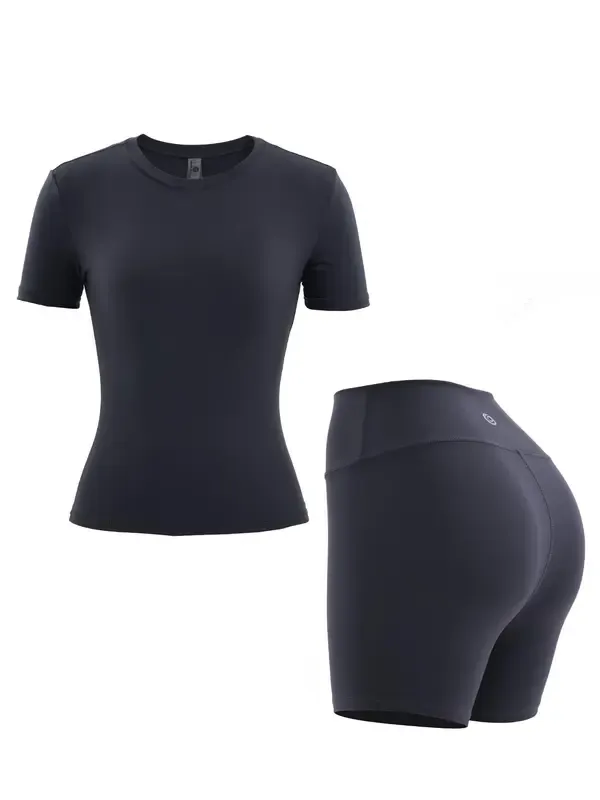 Women'S Solid Round Neck Tee & High Waist Biker Shorts Tracksuit Set, Crew Neck Short Sleeve T-Shirt & Skinny Shorts, Gym Clothes, Tracksuits For Ladies, Casual Sportswear For Indoor Outdoor Wear, Gym