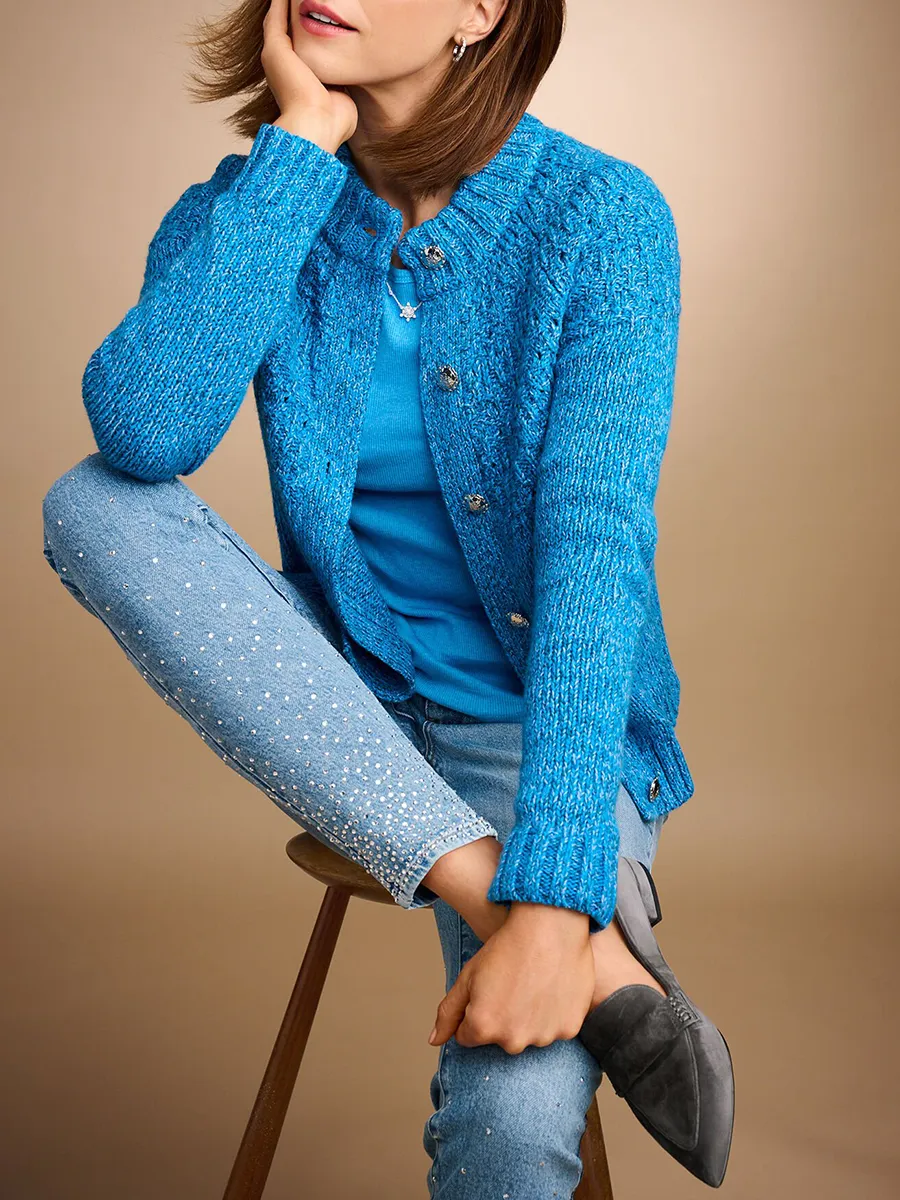 Lady Modern Ribbed Woven Texture Round Neck Long Sleeve T-Shirt