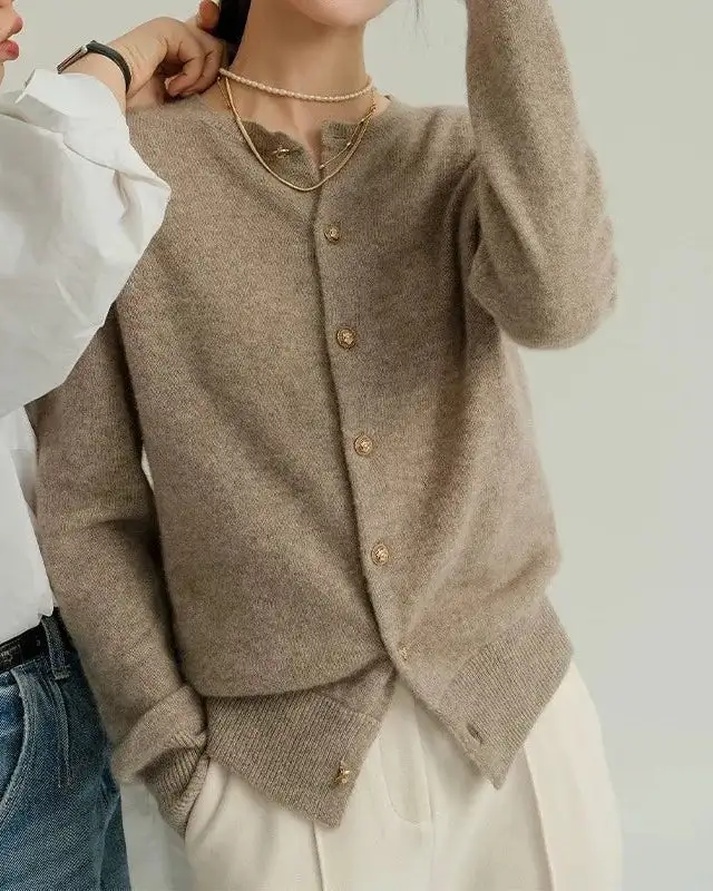 Classic Wool Button-Front Round-Neck Cropped Cardigan
