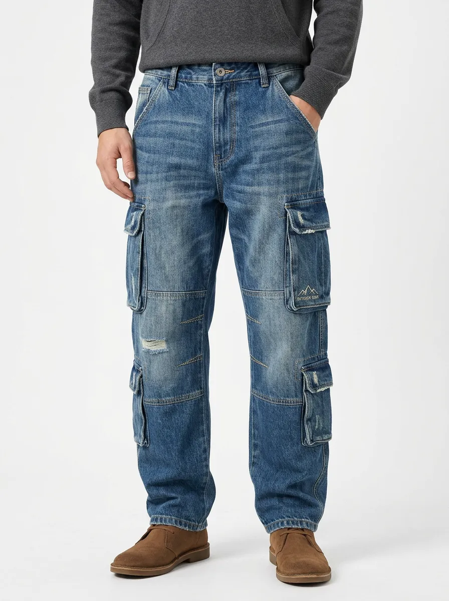 Men's Outdoor Mountain Graphic Distressed Denim Cargo Pants