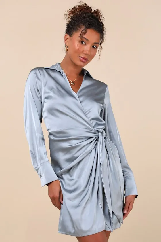 Painterly Perfection Slate Blue Satin Wrap Mini Dress