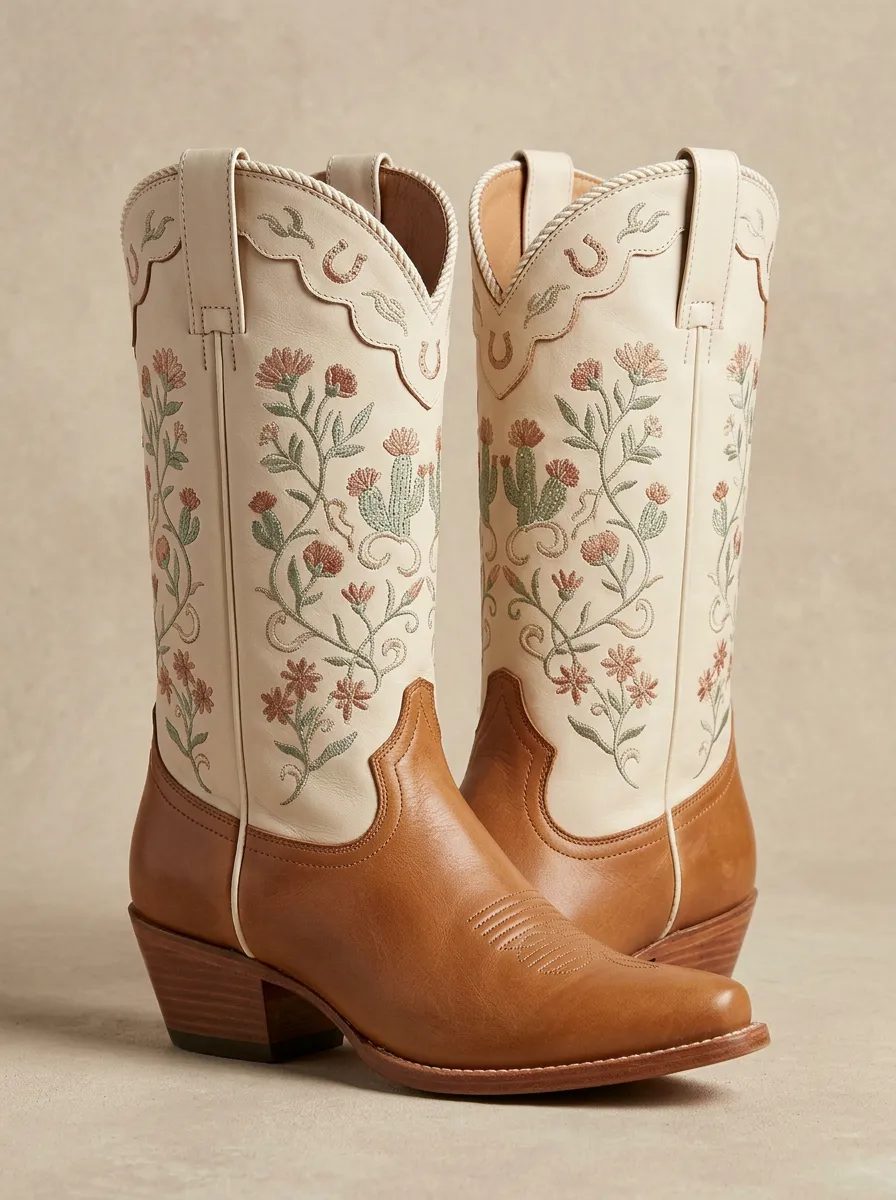 Women's Western Cowgirl Cowboy Cactus Floral Embroidered Cowgirl Boots