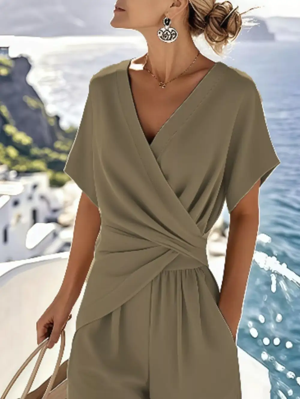 Full Size Twist Front V Neck Top and Pants Set Plus Size