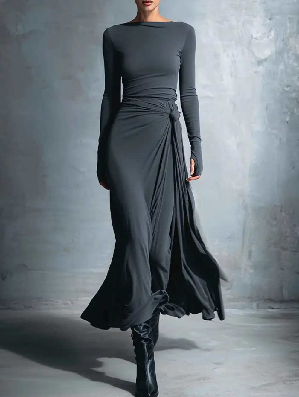 Solid Wrap Style Knot Long Sleeve Dress