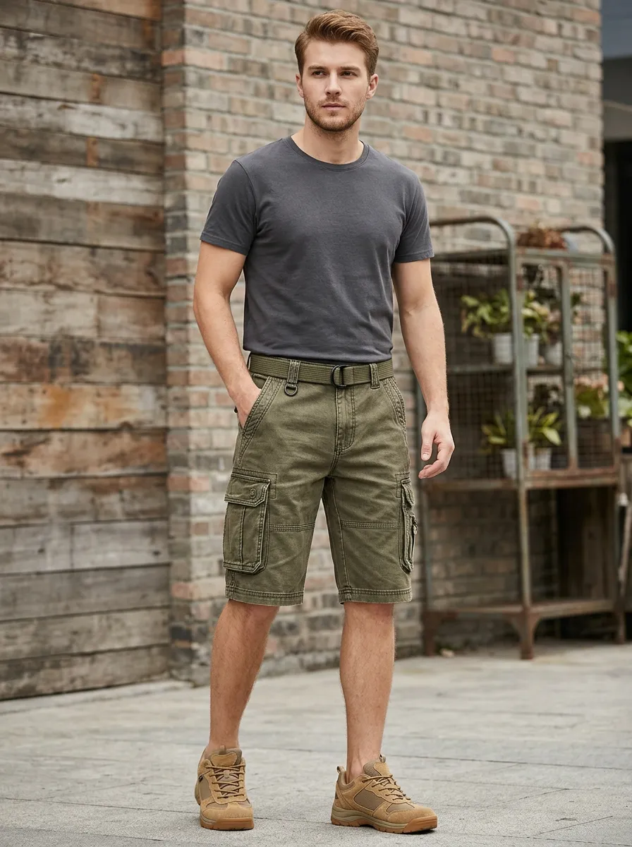 Men's Multi-Pocket Tactical Olive Green Cargo Shorts