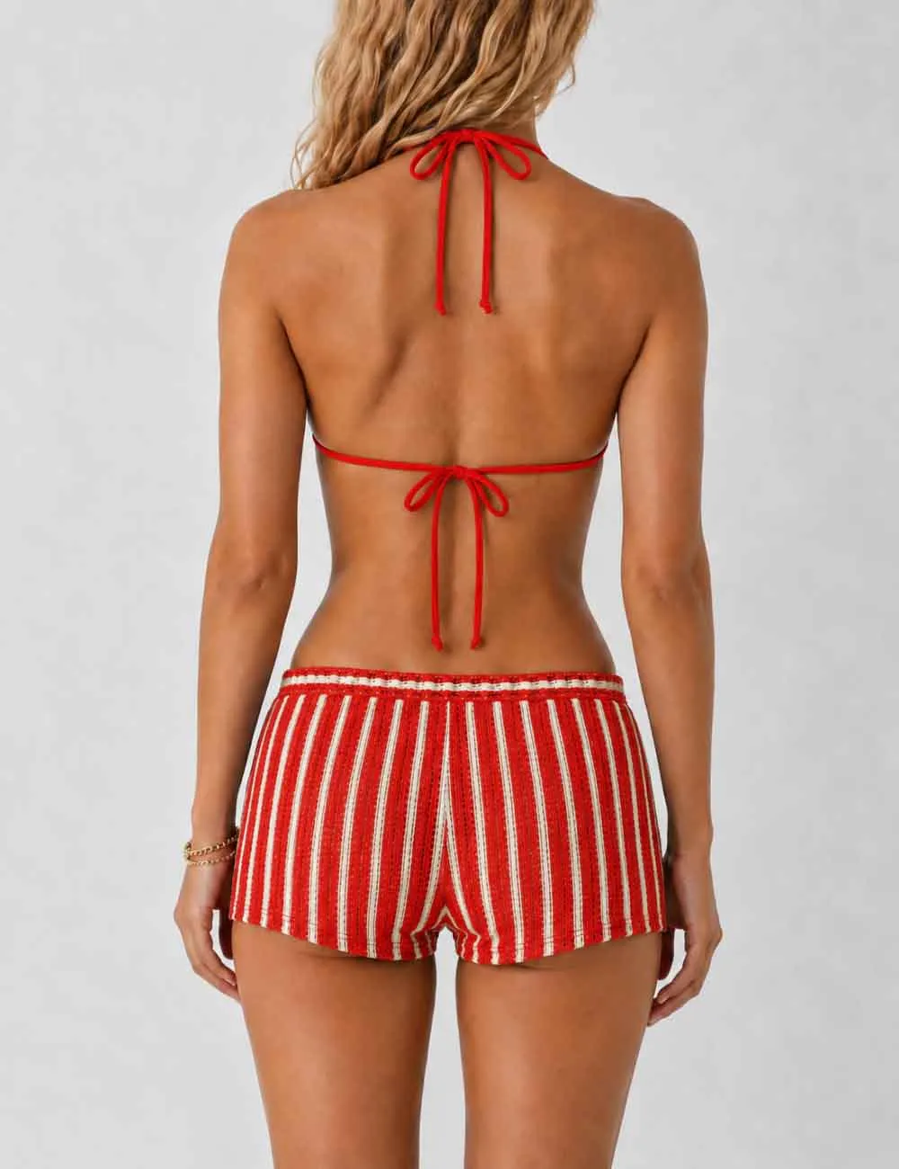 Crochet Triangle Three Piece Bikini Set with Cover Up Shorts