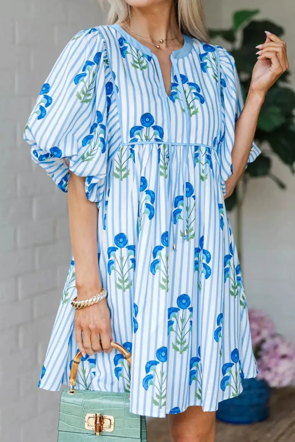Print Tie Notched Neck Puff Sleeve Flared Mini Dress