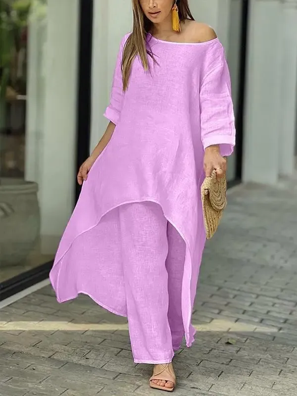 Women's Cotton and Linen Fashion Casual Large Size Irregular Long Sleeve Suit Wide Leg Pants Two-piece Set