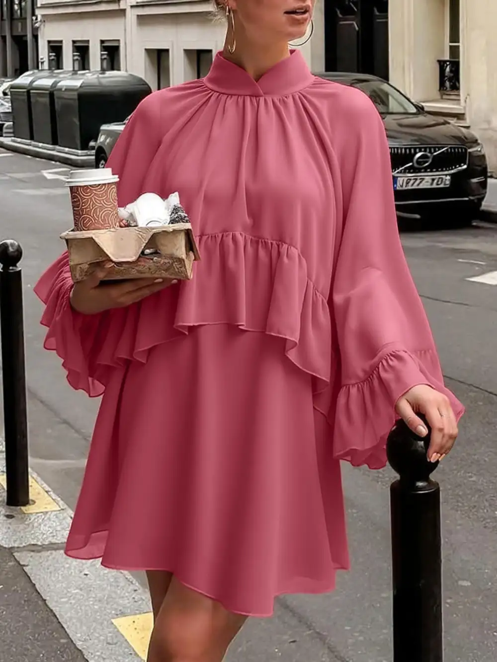 High Neck Ruffle Mini Dress