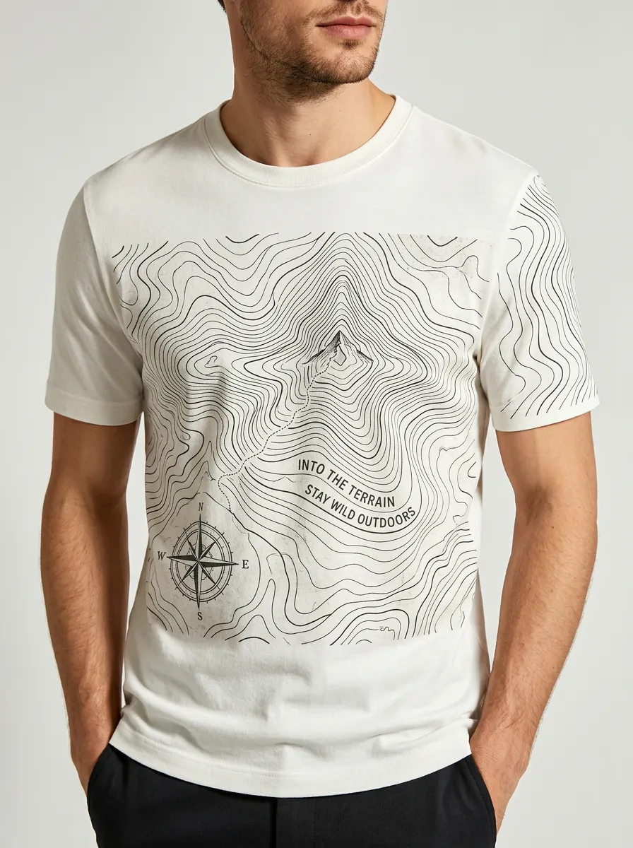 Men's Outdoor Adventure Topographic Map Compass Printed T-shirt