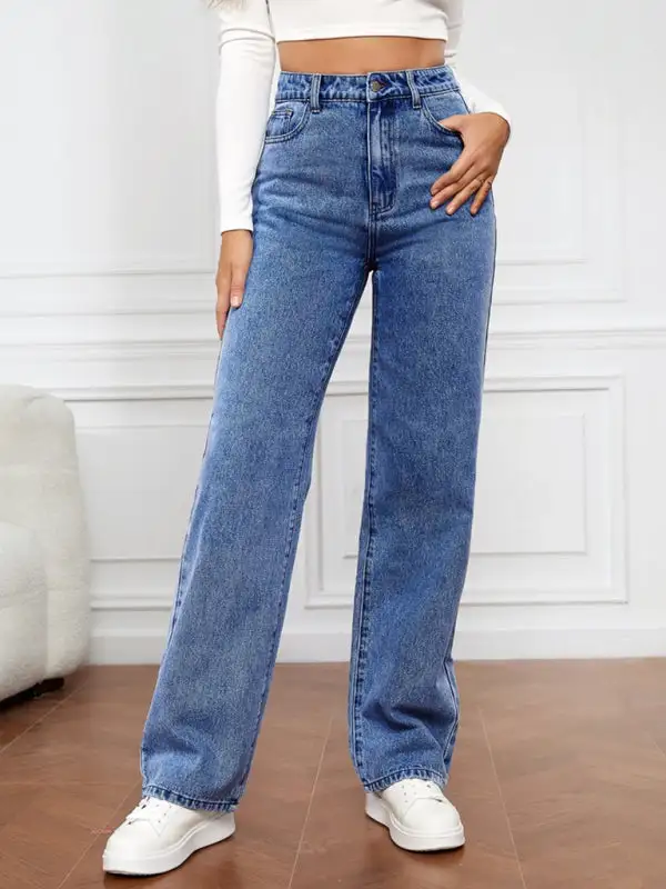 High Waist Straight Leg Washed Denim Jeans