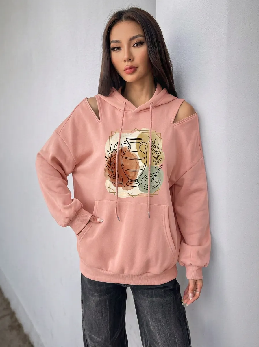 Women's Art Greek Vase Watercolor Graphic Cold-Shoulder Hoodie