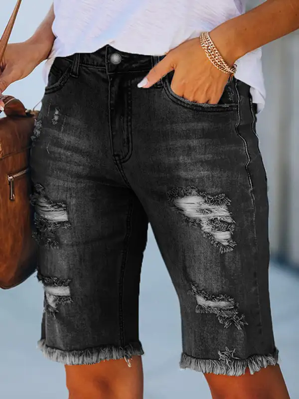 Mid Rise Ripped Elastic Waist Denim Jeans