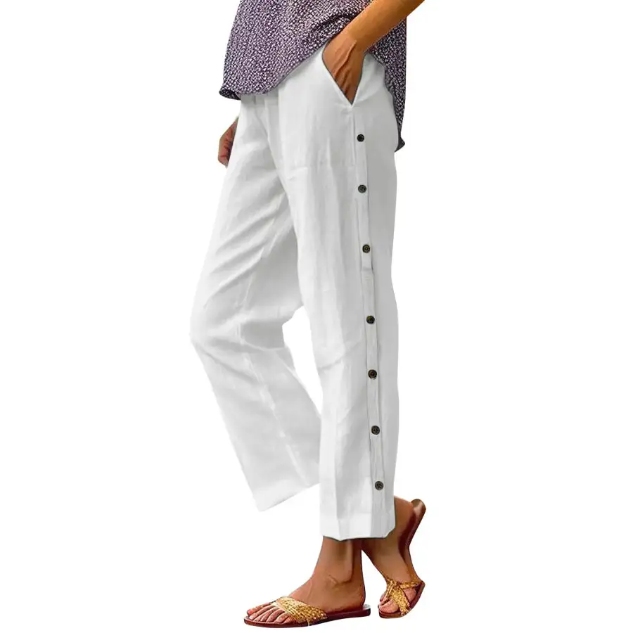 Full Size Side Decor Button Casual Wide Leg Pants Plus Size