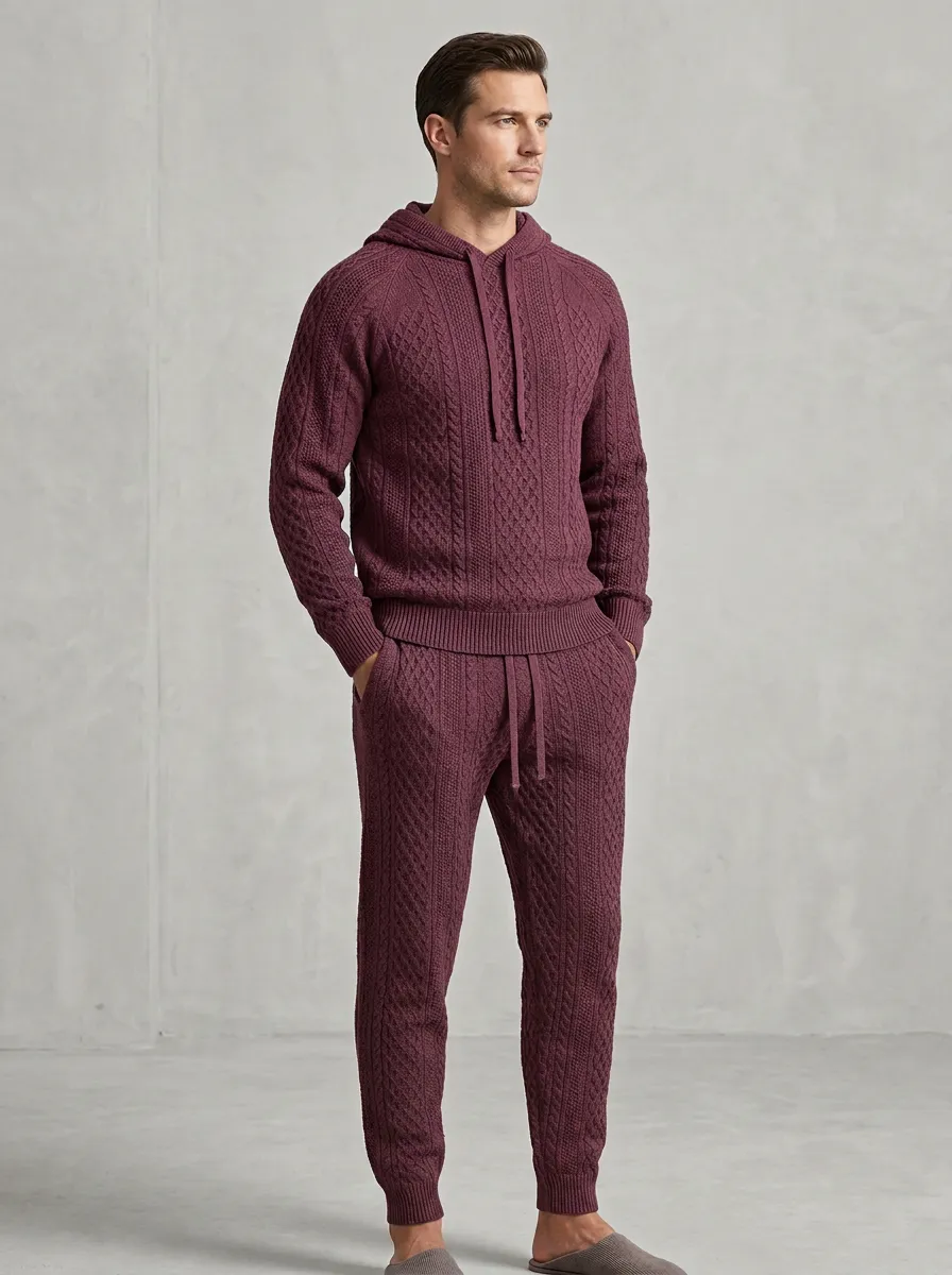 Refined Cable-Knit Hooded Men's Knit Hoodie Jogger Set