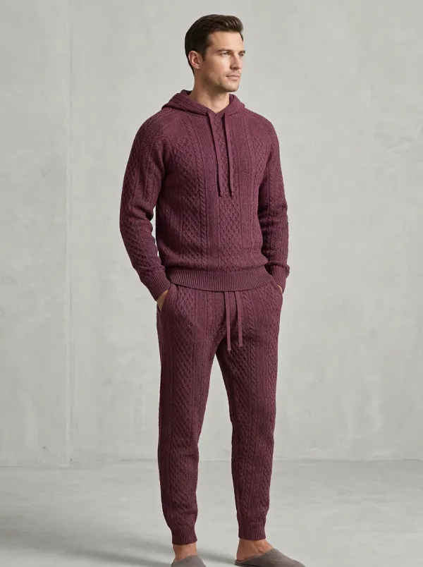 Refined Cable-Knit Hooded Men's Knit Hoodie Jogger Set