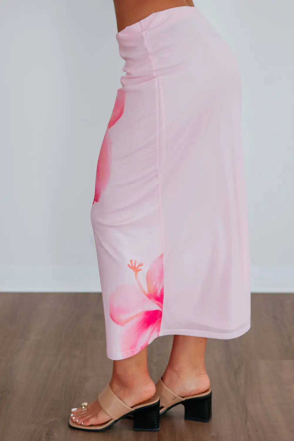 Floral Mesh Elastic Waist Midi Skirt