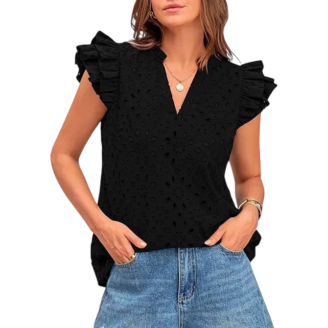 9PACK-Women Summer Eyelet Tops Dressy Casual V-Neck Ruffle Cap Sleeve Cotton Boho Shirts