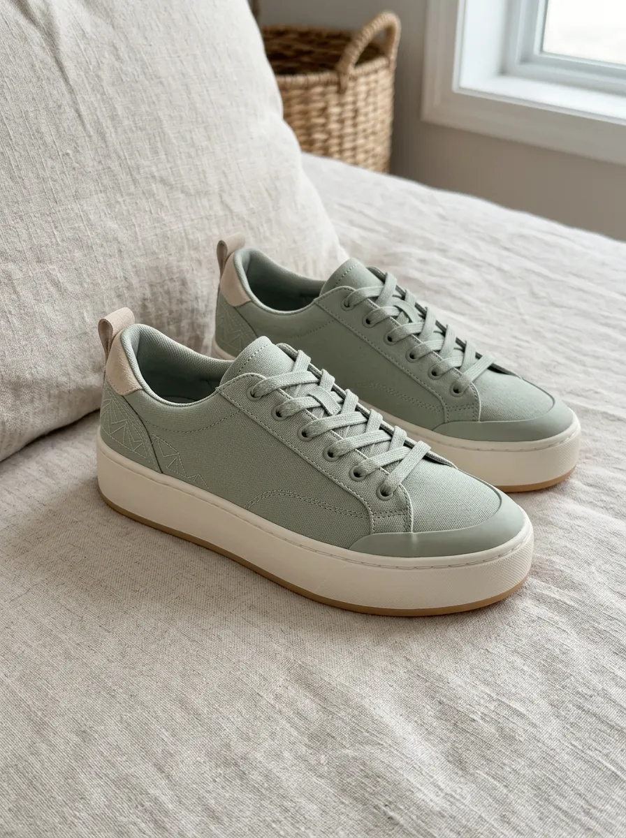 Women's Sage Green Geometric Pattern Printed Canvas Sneakers